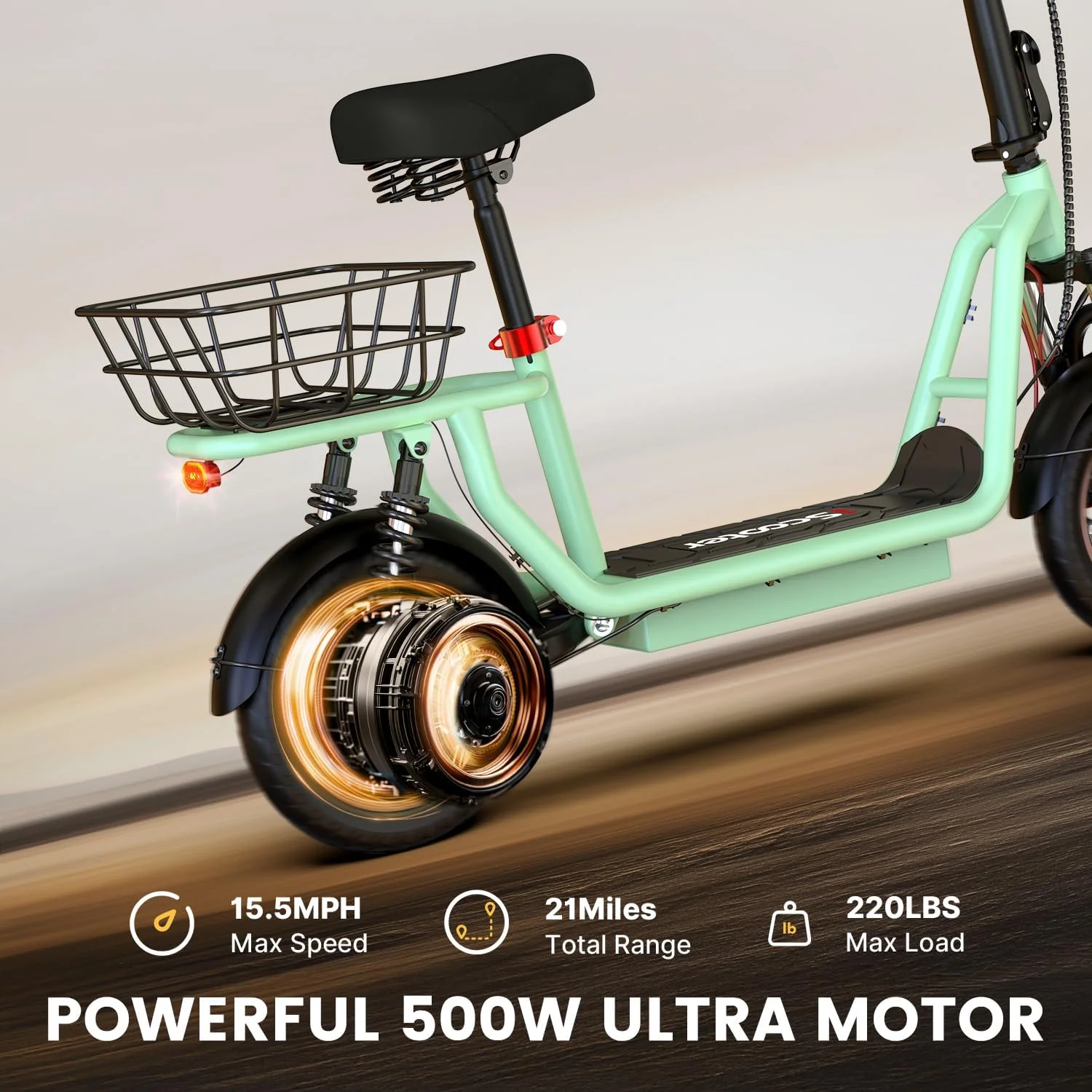 iScooter electric scooter with seat, 37/21 mile range, 28/19/15.6 mph top speed, dual suspension scooter with basket