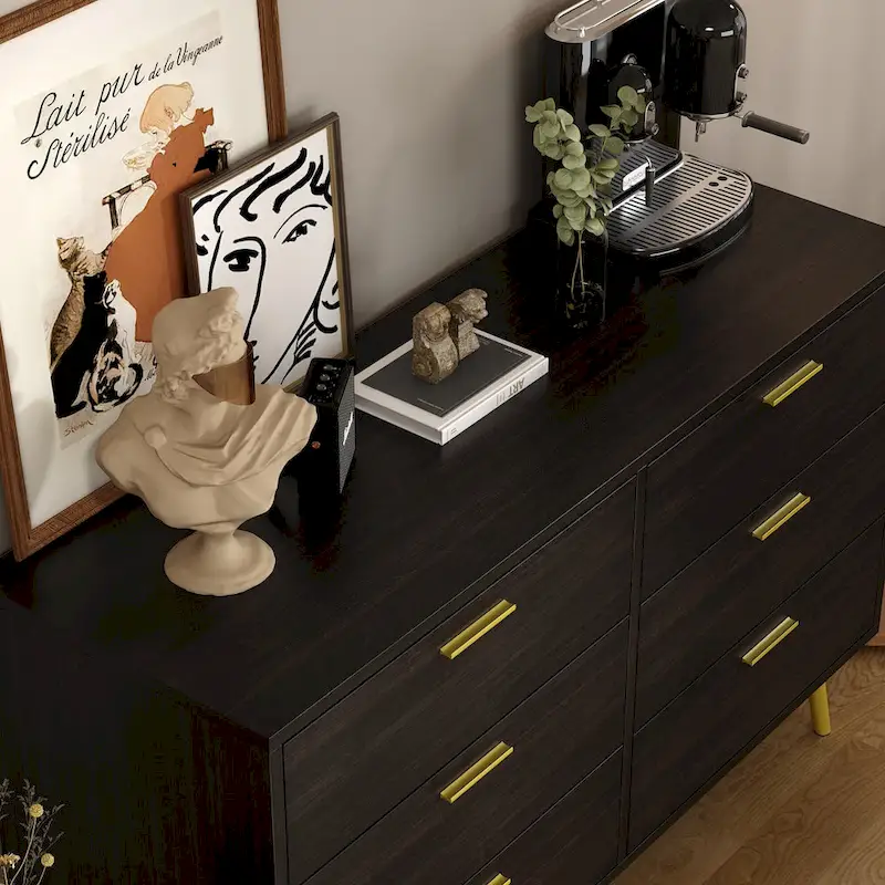 Elegant 6-Drawer Double Dresser with Gold Accents for Stylish Bedroom Storage