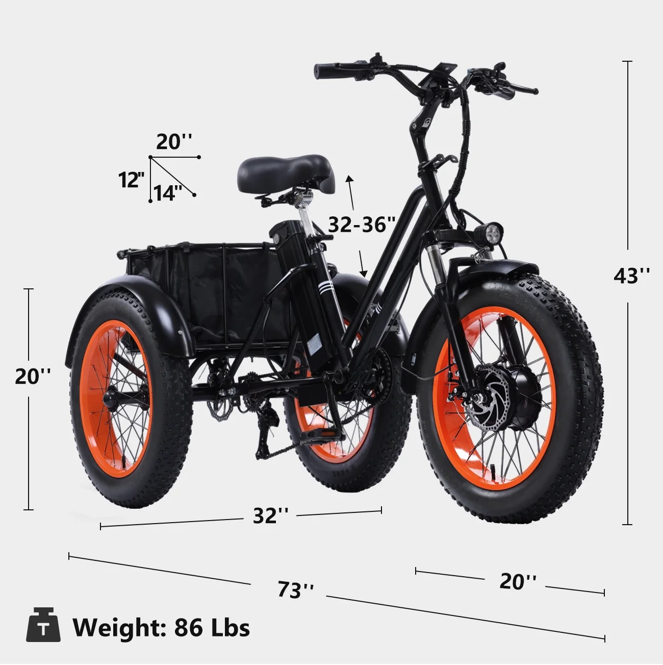 YEBEI Electric Tricycle for Adults Folding E-Trike Motorized Tricycle Electric 3 Wheels Trike Powerful 500W Motor Electric Tricycle 48V15AH Lithium Battery Max 20MPH 20*4.0- Fat Tire Orange - Image 29