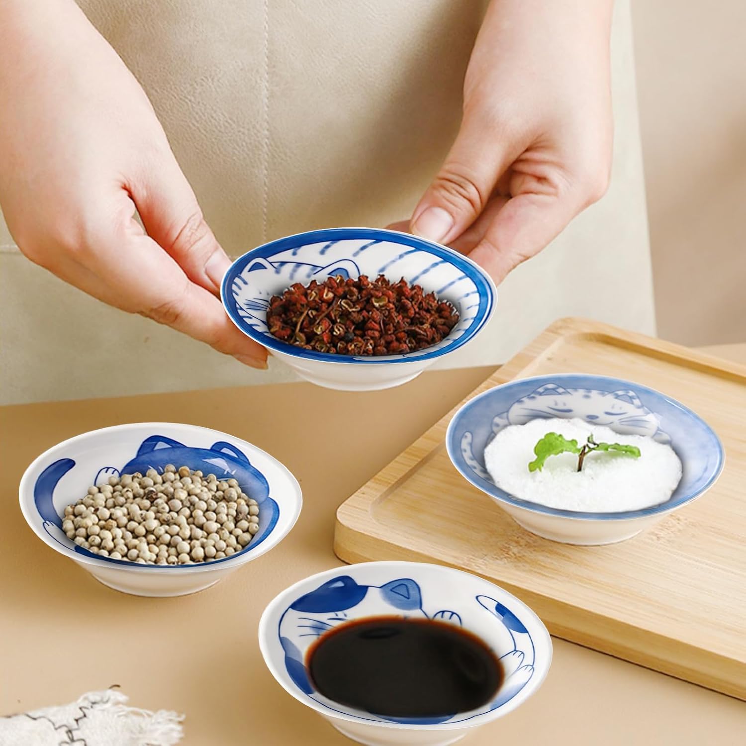 4 Pcs 4 Inches Cute Cat Soy Sauce Dish,Ceramic Cat Bowls,Japanese Cat Plates,Dipping Bowls,Snack Dish,Small Ceramic Saucers Plates, Sushi Plate Set, Mini Bowls, Small Bowls for Sides Dish (4 Inch)