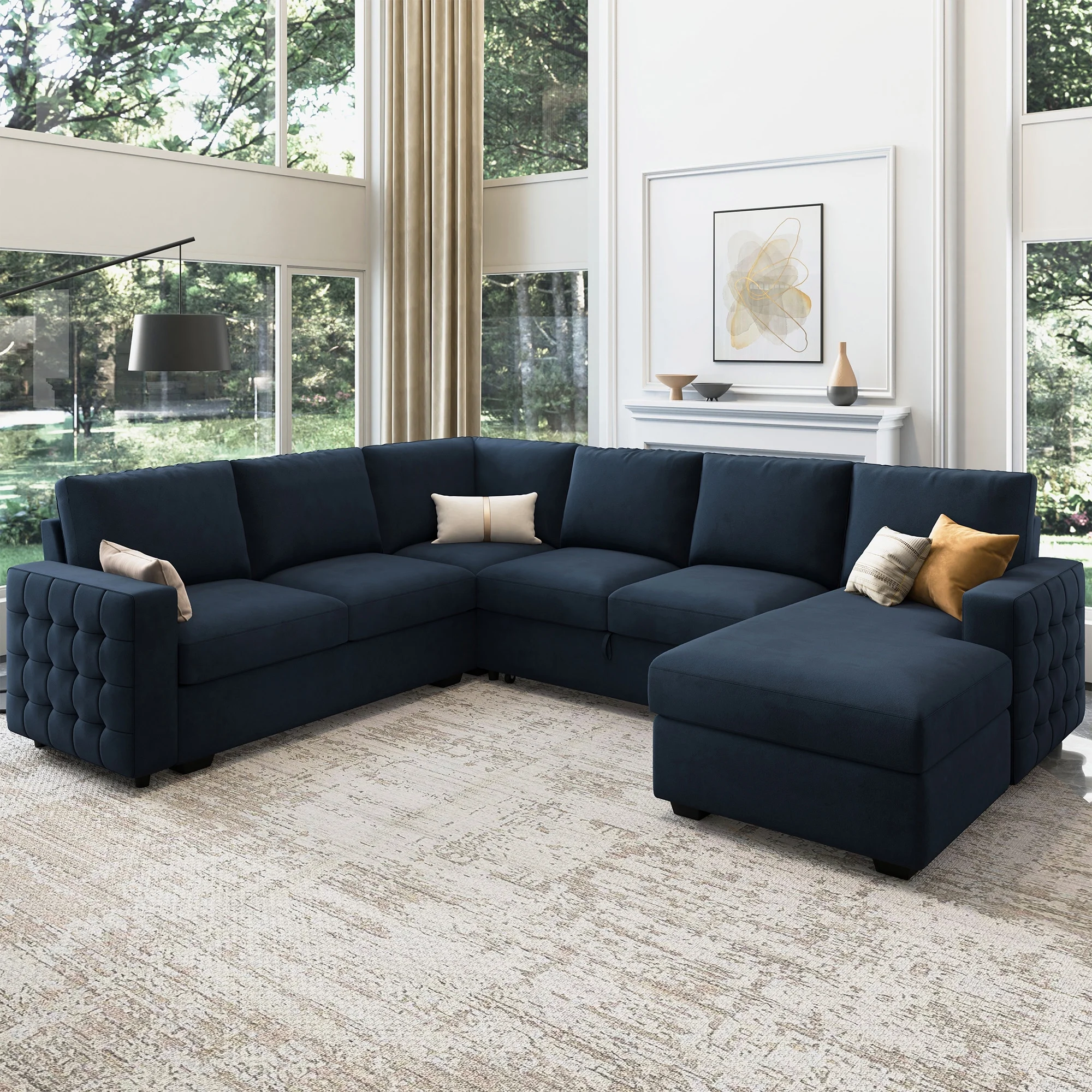 HONBAY Modular Sectional Pull-Out Sofa Bed with Storage Velvet U-Shaped Convertible Sleeper Sofa for Living Room, Blue - Image 65