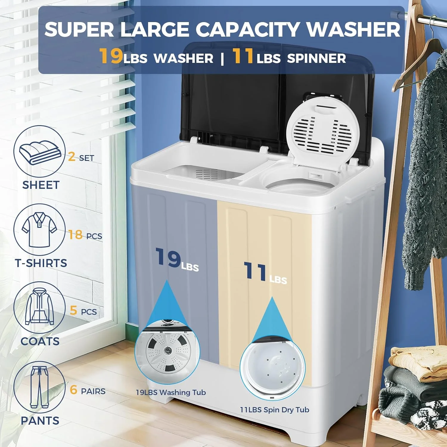 Qhomic Portable Washer 30lbs, 2-in-1 Twin Tub Washer & Dryer Combo Compact Semi-Automatic Washing Machine with Drain Pump, Black - Image 2