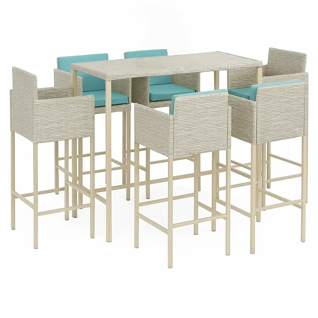 Bar de jardín, conjunto alto con mesa rectangular y 6 sillas con cojines, color beige y azul