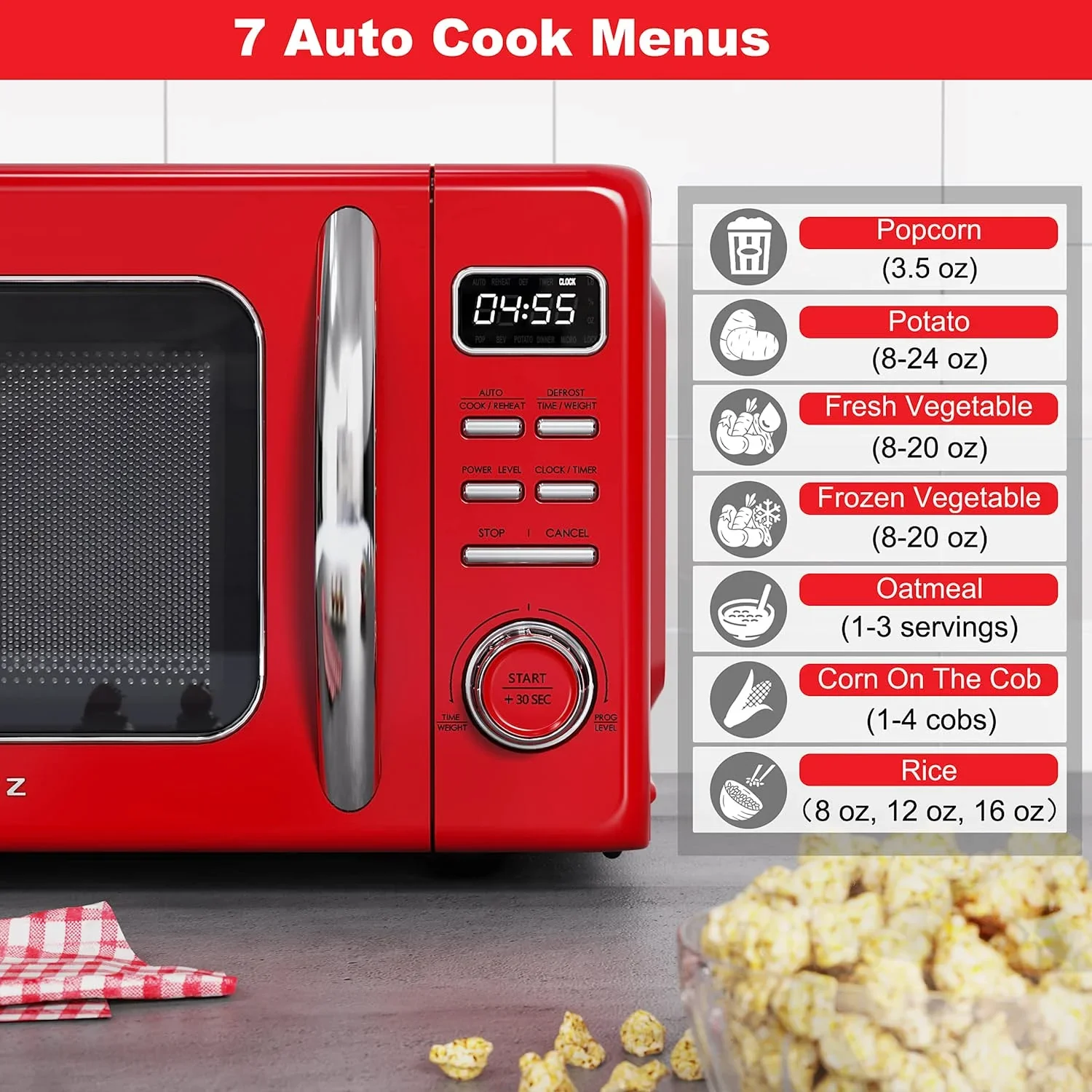 Galanz Retro Countertop Microwave Oven with Auto Cook & Reheat, Defrost, Quick Start Functions, Easy Clean with Glass Turntable, Pull Handle, .9 cu ft, Black
