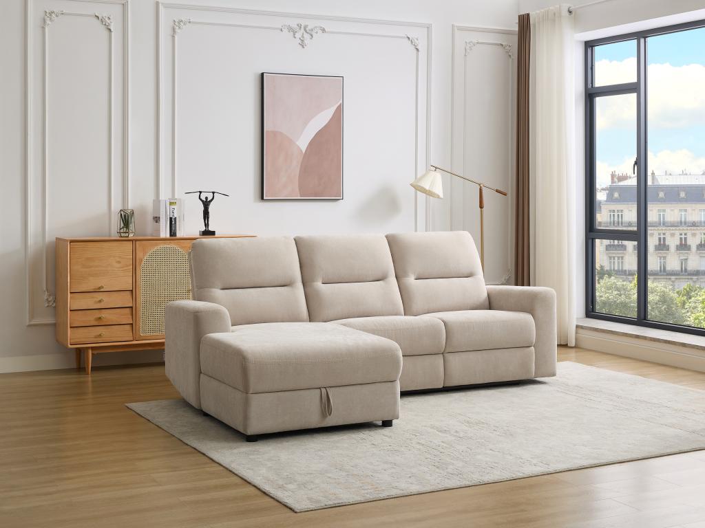 Sofá rinconera izquierdo eléctrico con compartimento de almacenamiento de tejido beige