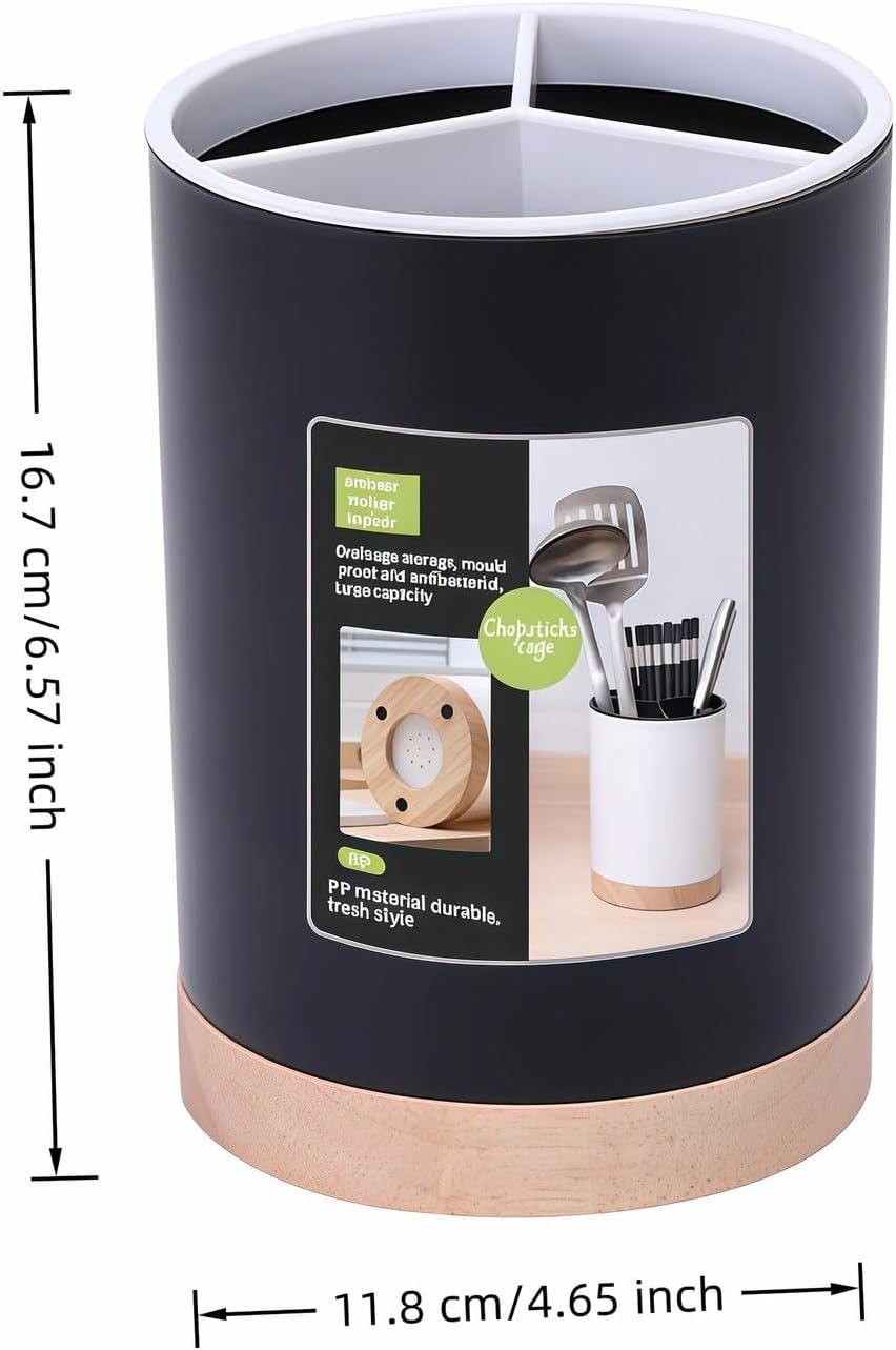 BUBBLE-FLY Modern Kitchen Utensil Holder with Drainage, Black and Wood Base, 3 Compartment Divided Organizer for Spoons Forks Knives, Countertop Caddy for Cooking Tools and Cutlery Storage- Non-Slip