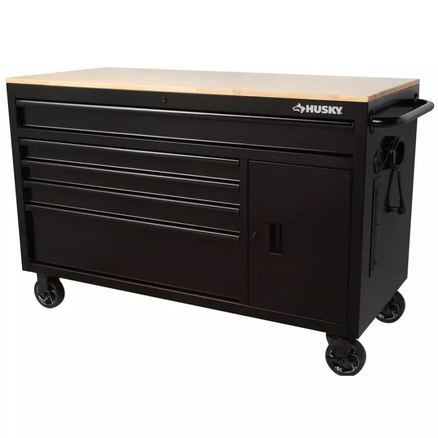56 IN. W 5-DRAWER 1-DOOR, DEEP TOOL CHEST MOBILE WORKBENCH IN GLOSS BLACK WITH HARDWOOD TOP