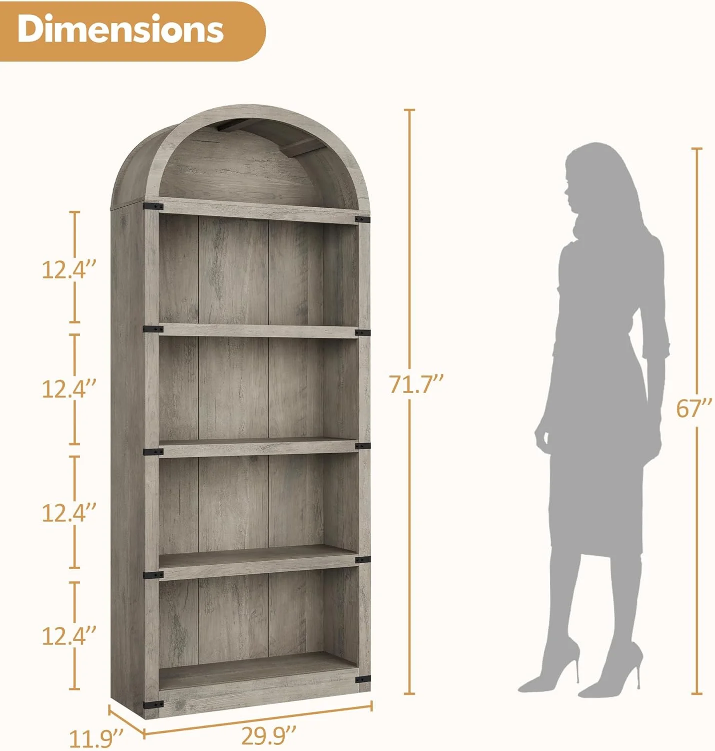 Bookcase 5 Shelf Arched Bookshelf 71.65in Tall Bookcase Farmhouse Display Storage Rack Wooden Bookshelves for Home Office, Living Room(white) - Image 10