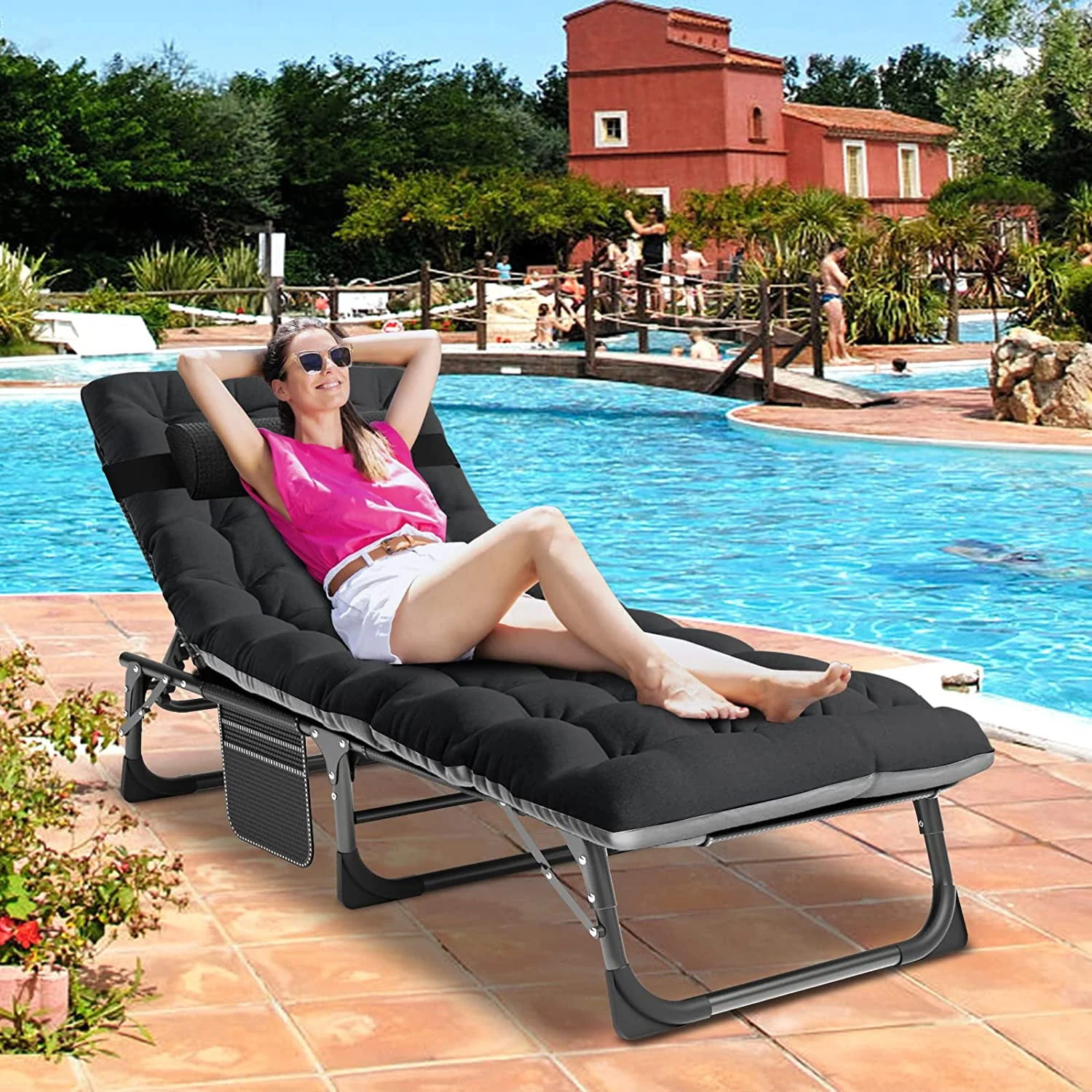 SLSY Folding Camping Cot with 2 Sided Cushion & Pillow, Adjustable 5-Position Outdoor Portable Folding Lounge Chair, Folding Sleeping Cots Bed - Image 9
