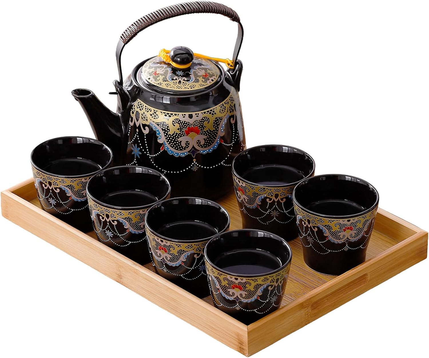Traditional Japanese tea set, Kiln altered glaze Porcelain tea set with 1 Teapot, 6 Tea cups, 1 Tea Tray,Japanese teapot set, Asian tea sets (Kiln altered-Green)