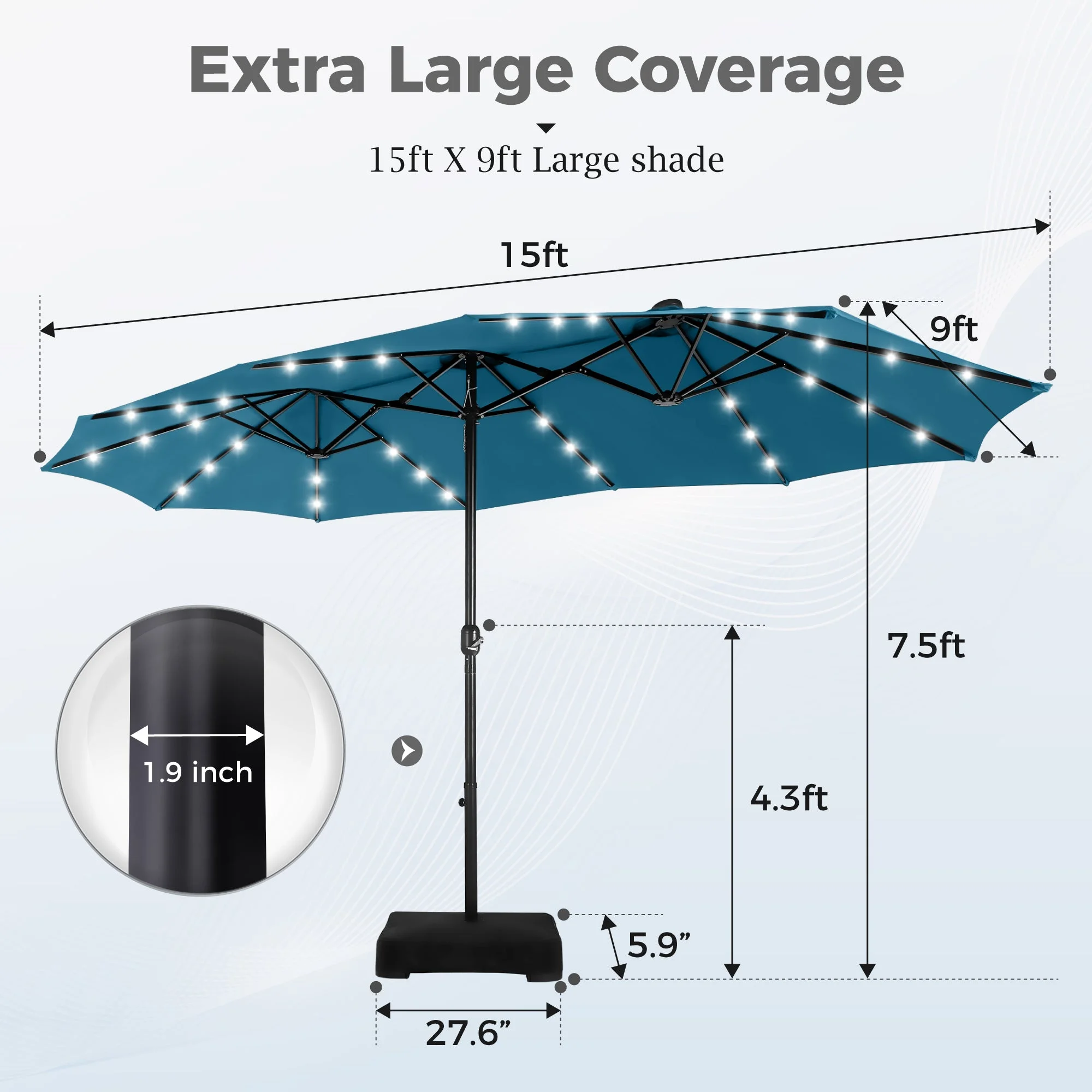 Alpha Joy 15ft Extra Large Outdoor Patio Double-Sided Umbrella with LED Solar Lights & Umbrella Base, Beige - Image 49
