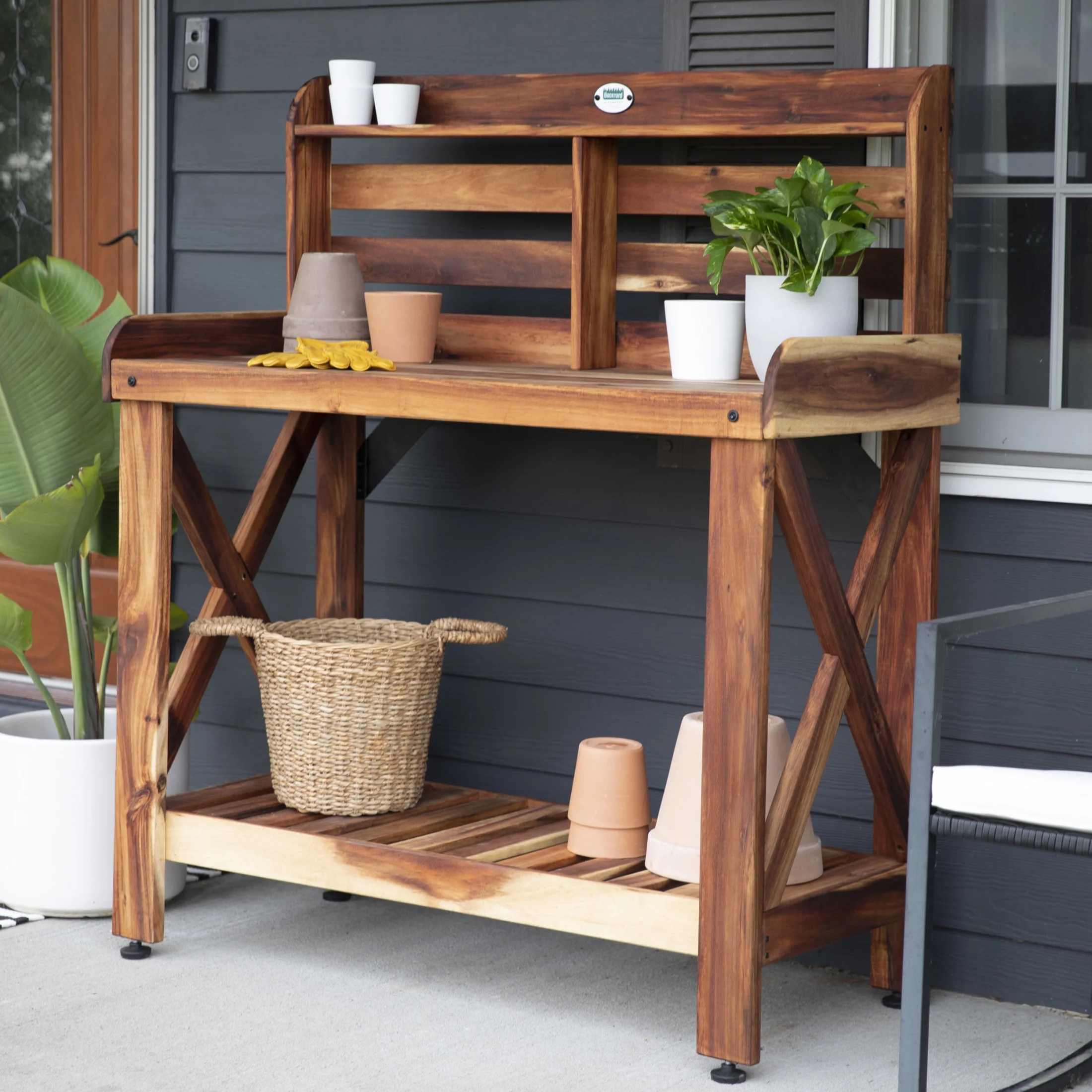 Backyard Discovery 47" Acacia Wood Garden Potting Bench & Serving Bar, Storage Shelf - Image 4