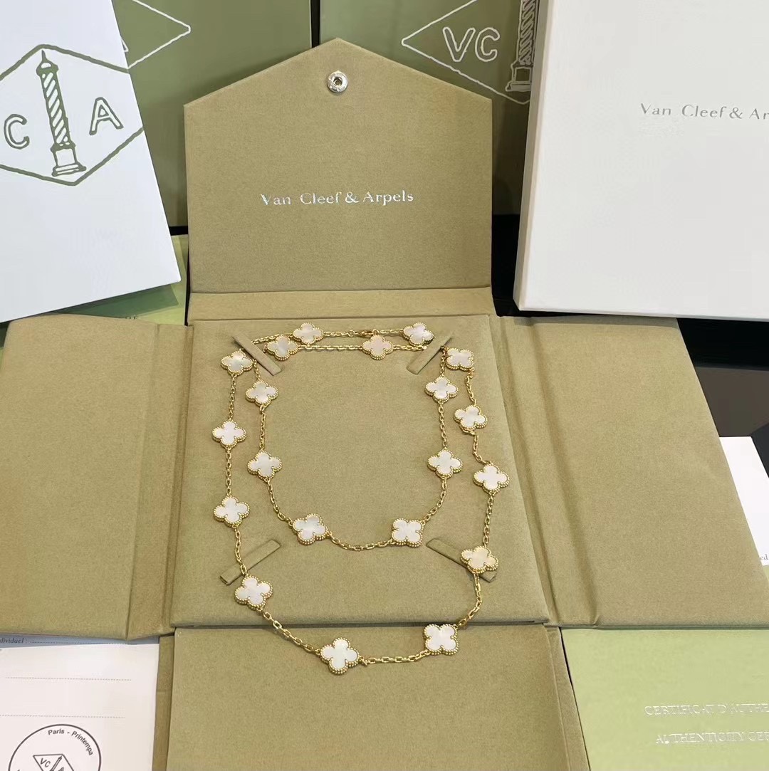 VCA Yellow Gold White Clover Vintage Alhambra Long Necklace, 20 Motifs - Original Replica Club