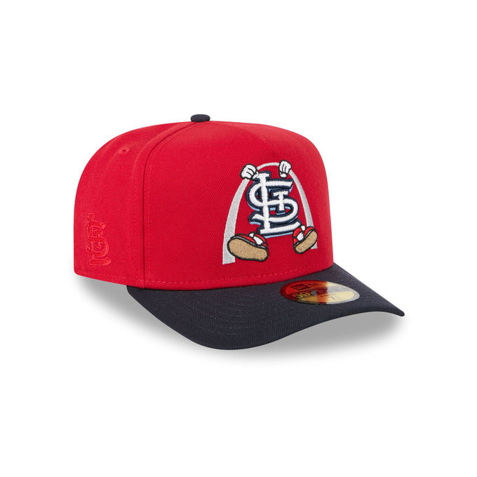 Three-quarter right angle of the St. Louis Cardinals fitted cap showing the front cartoon logo and the tonal right-side STL patch