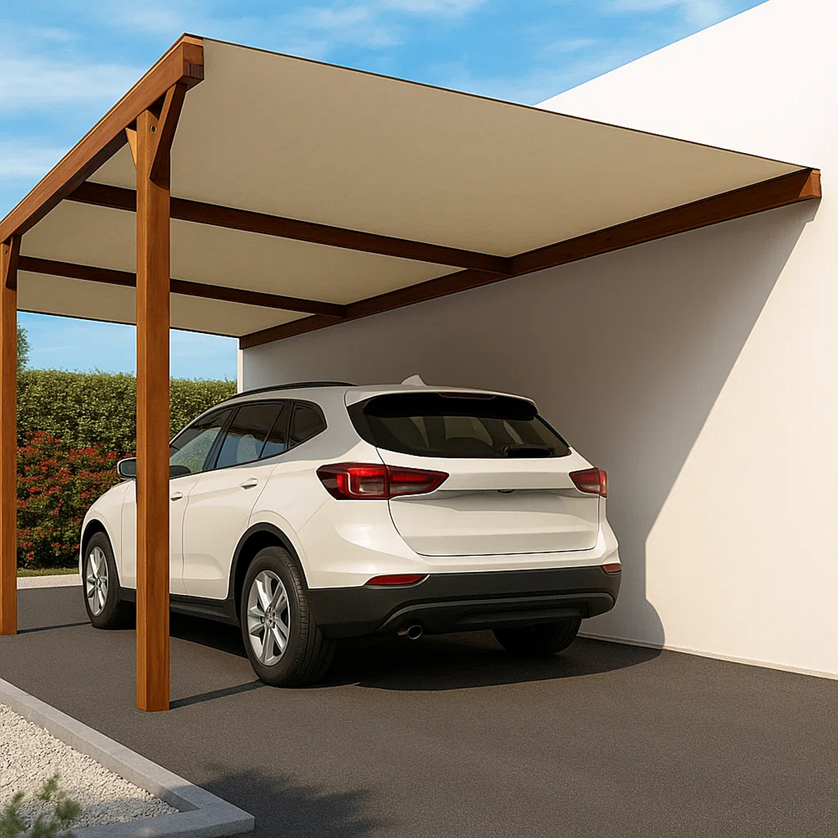 Cochera Adosable Individual 14 m² (5 x 2.8 x 2.3 m) – Madera Natural y Techo Blanco – Garaje Cubierto para 1 Vehículo – Estructura Estable para Exterior