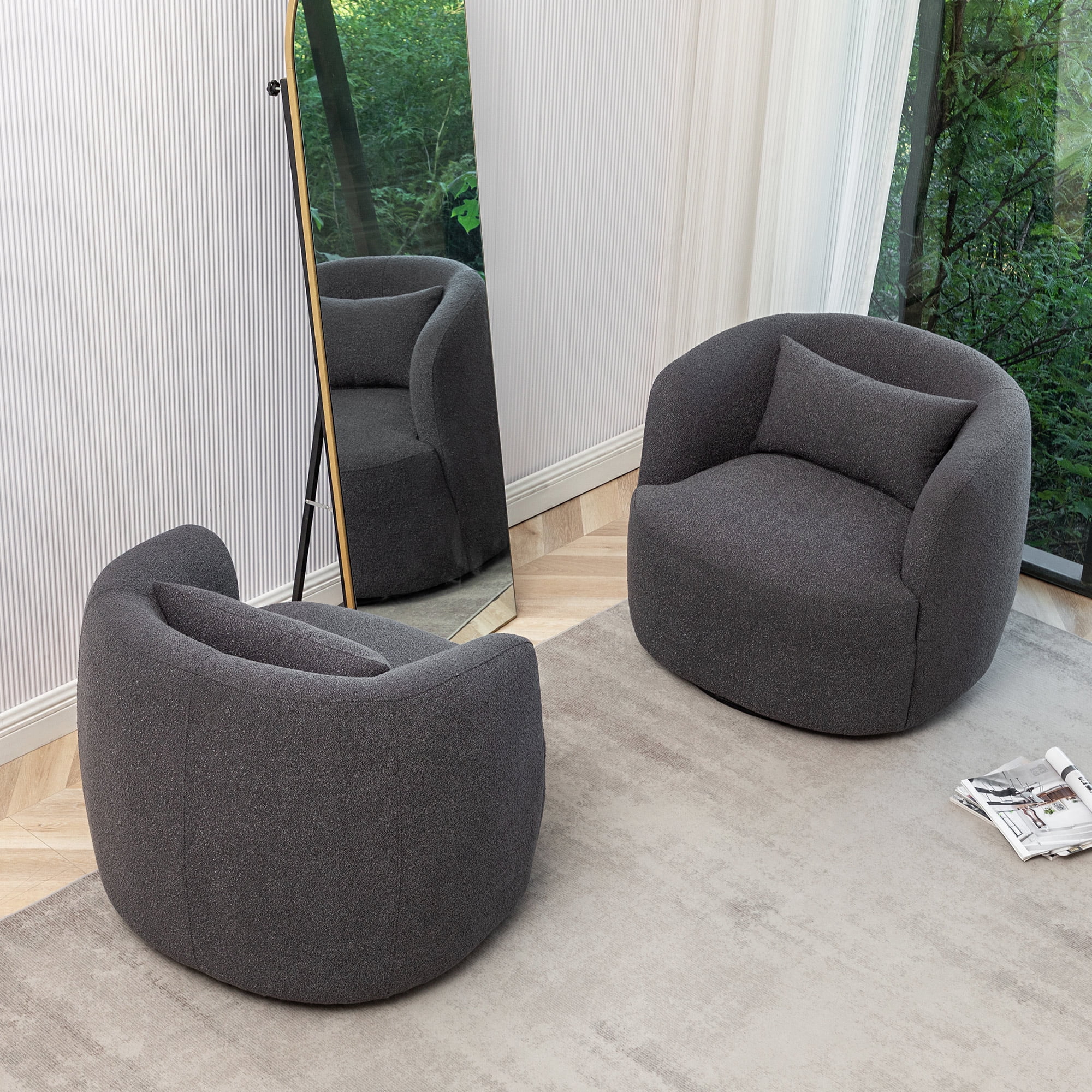 34" Wide Boucle Swivel Barrel Chair, No Assembly Round Upholstered Armchair Accent Chair Single Sofa Chair with Toss Pillow for Living Room and Bedroom, Taupe - Image 30