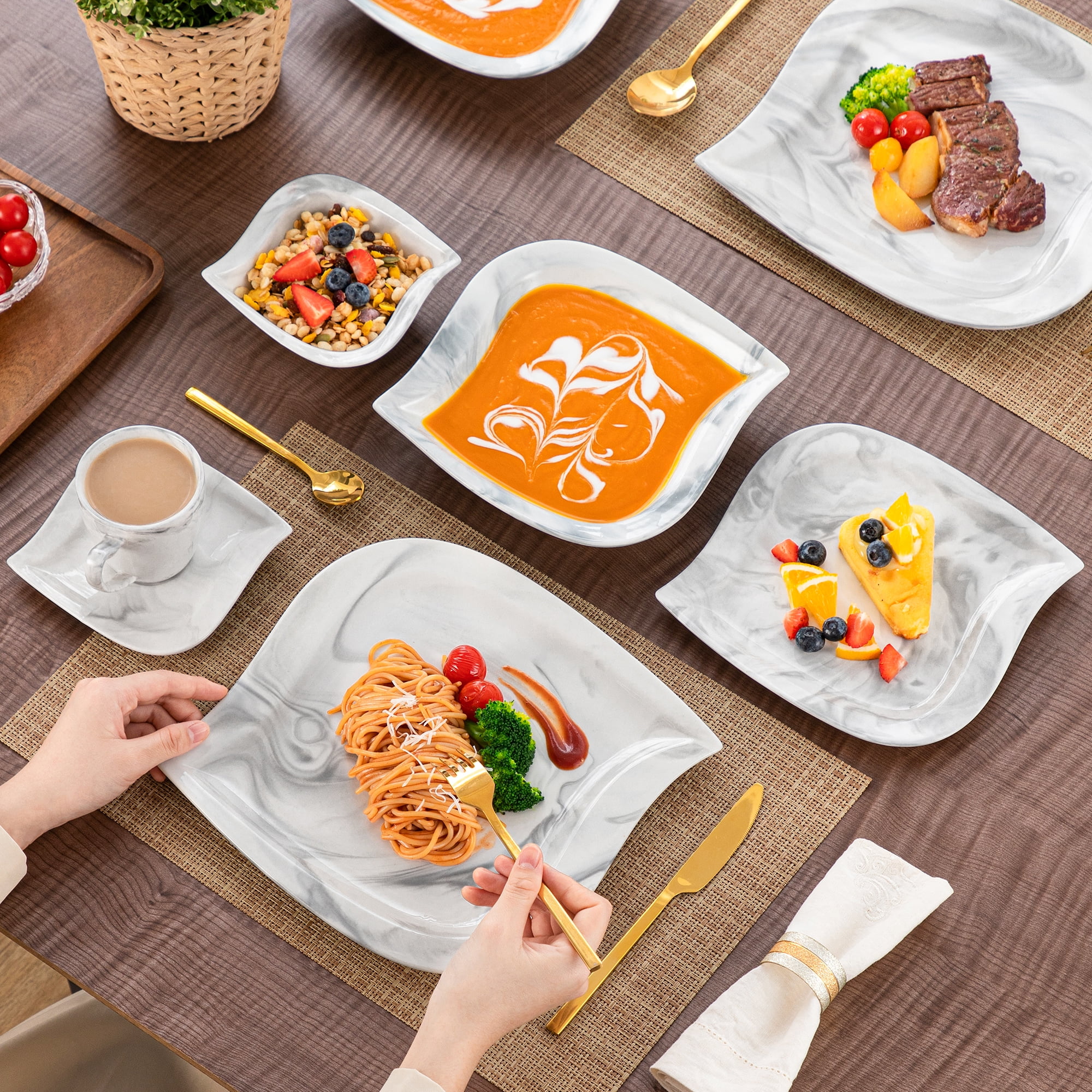 vancasso 36 pcs Dinnerware Sets, Plates and Bowls Set for 6, Porcelain Dinner Set, Marble Gray - Image 5