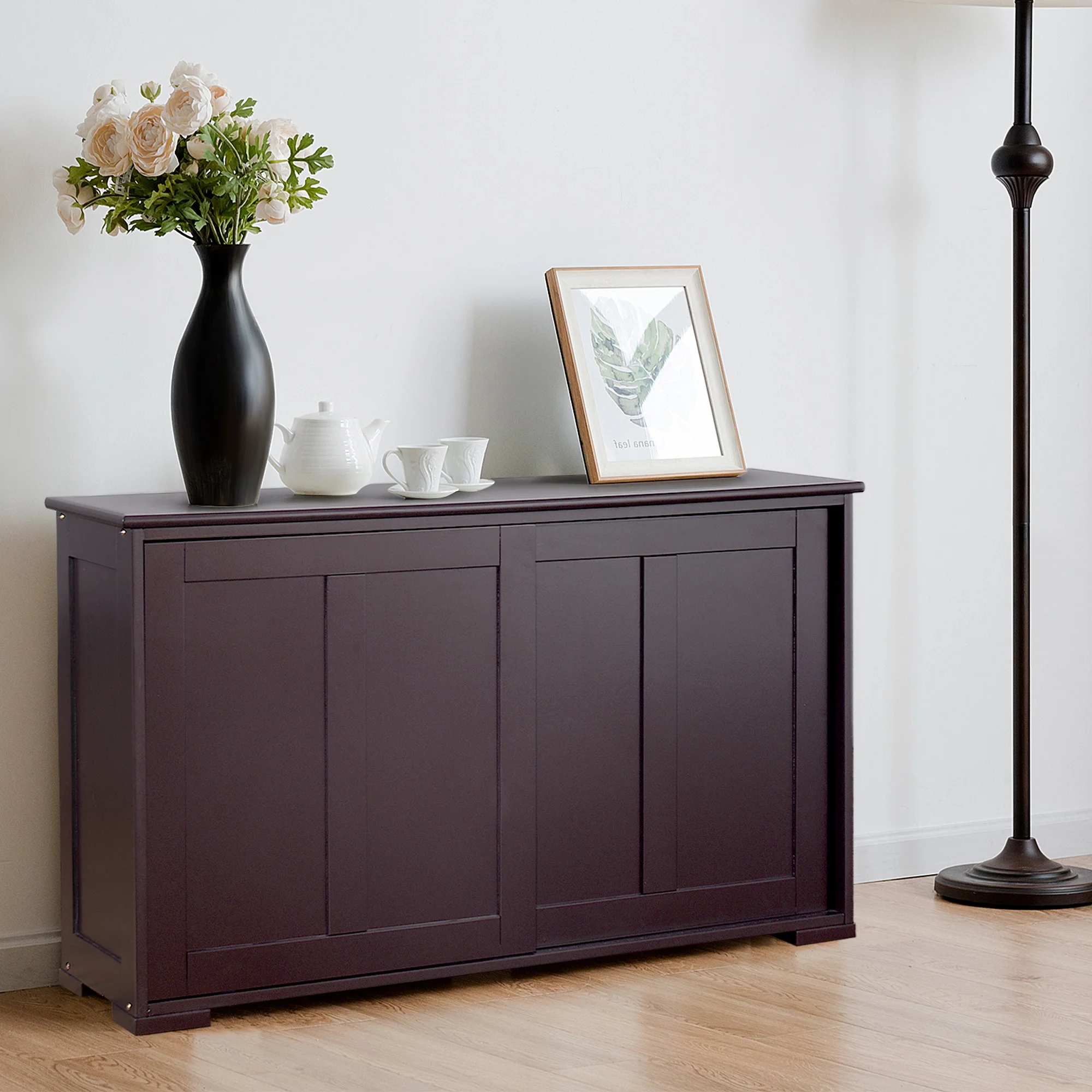Costway Kitchen Storage Cabinet Sideboard Buffet Cupboard Wood Sliding Door Pantry White - Image 16