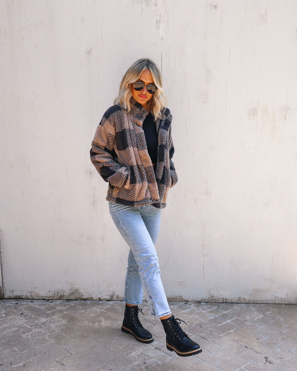 Bonfire Stories Plaid Pocketed Jacket - Beige/Black - Se7enfashion