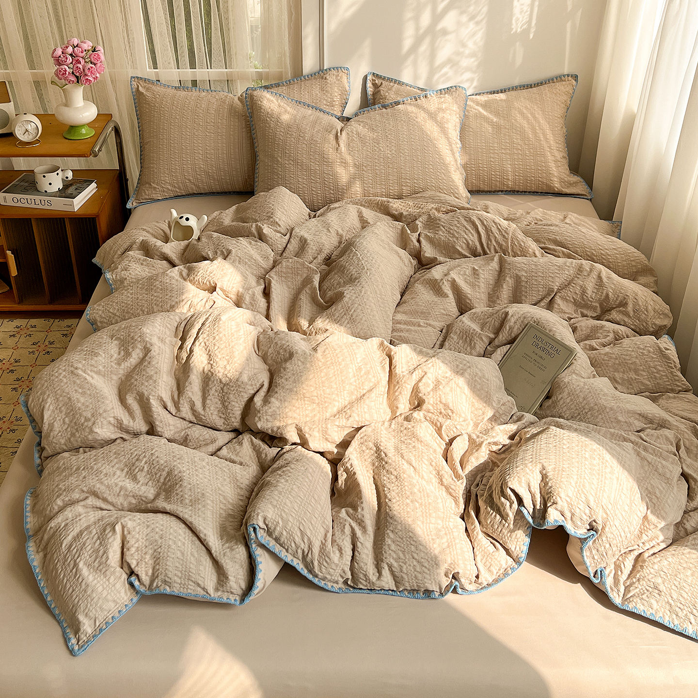 Summer Washed Cotton Bedding Set Soft Durable Breathable Embroidery Edge Bedding Set Suitable for All Home Hotel