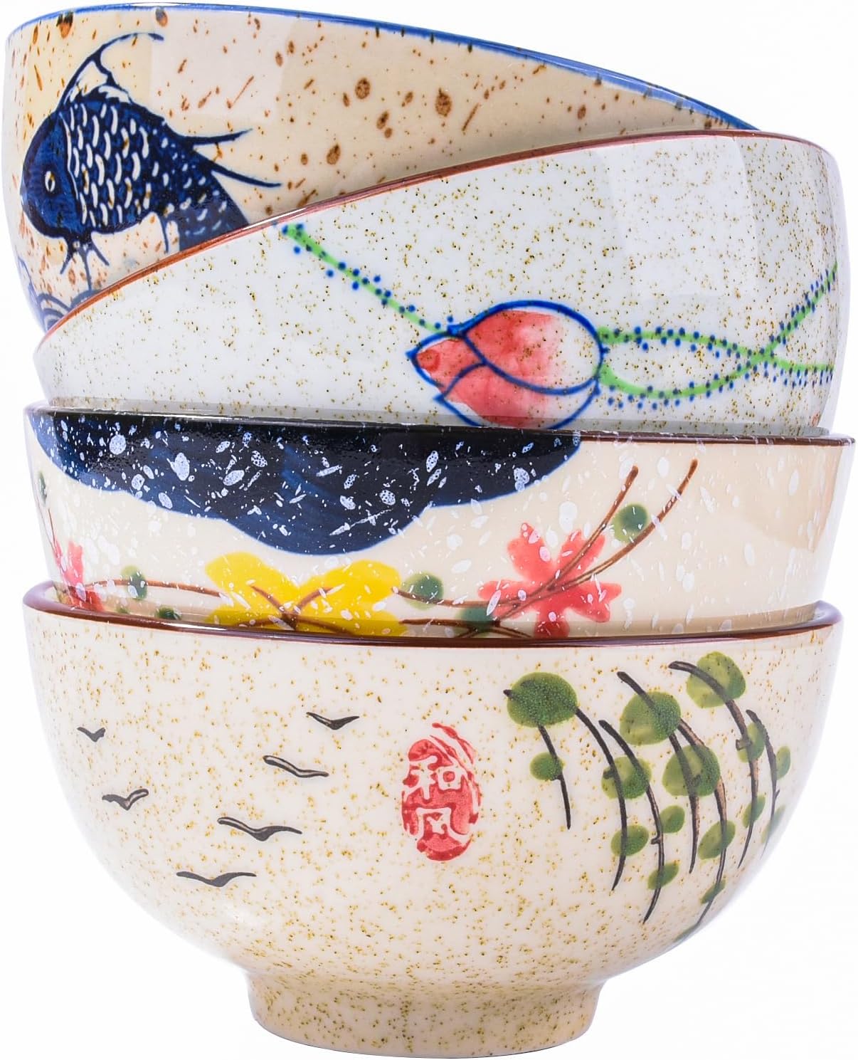Japanese Retro Rice Bowls Set of 4 Hand-Painted Floral Design Ceramic Soup Sushi Bowls Small Cute Bowls