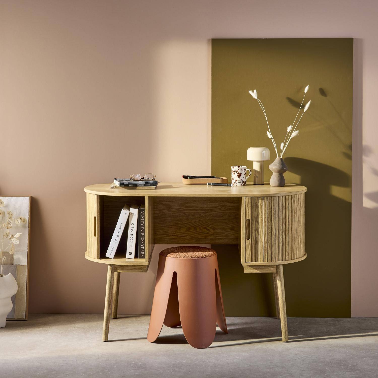 Legacy - Escritorio ovalado efecto madera con dos espacios de almacenamiento, L 120cm