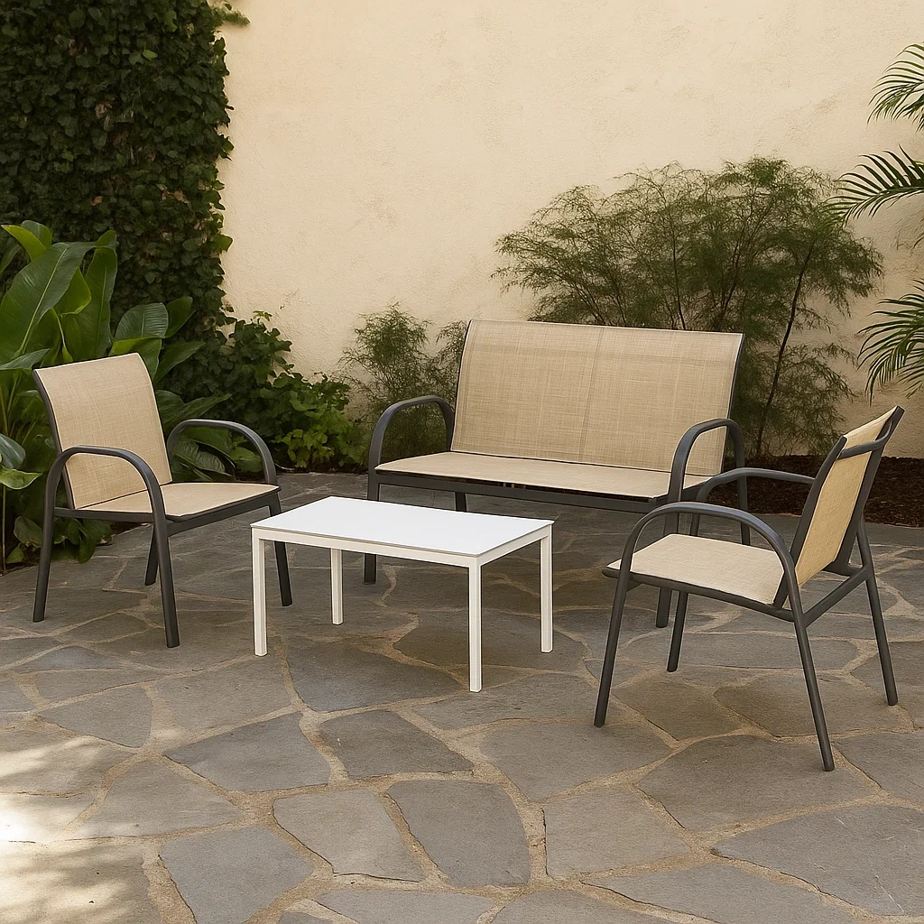 Conjunto de jardín con sofá de 2 plazas, 2 sillones y 1 mesa baja,Estructura de acero negro y textileno beige - bwzZULj220Ci