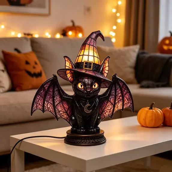 WitchLight™ Bat-Wing Cat Lamp - Gothic Halloween Stained Glass Accent Lamp - Image 5 WitchLight™ Bat-Wing Cat Lamp - Gothic Halloween Stained Glass Accent Lamp - Image 5