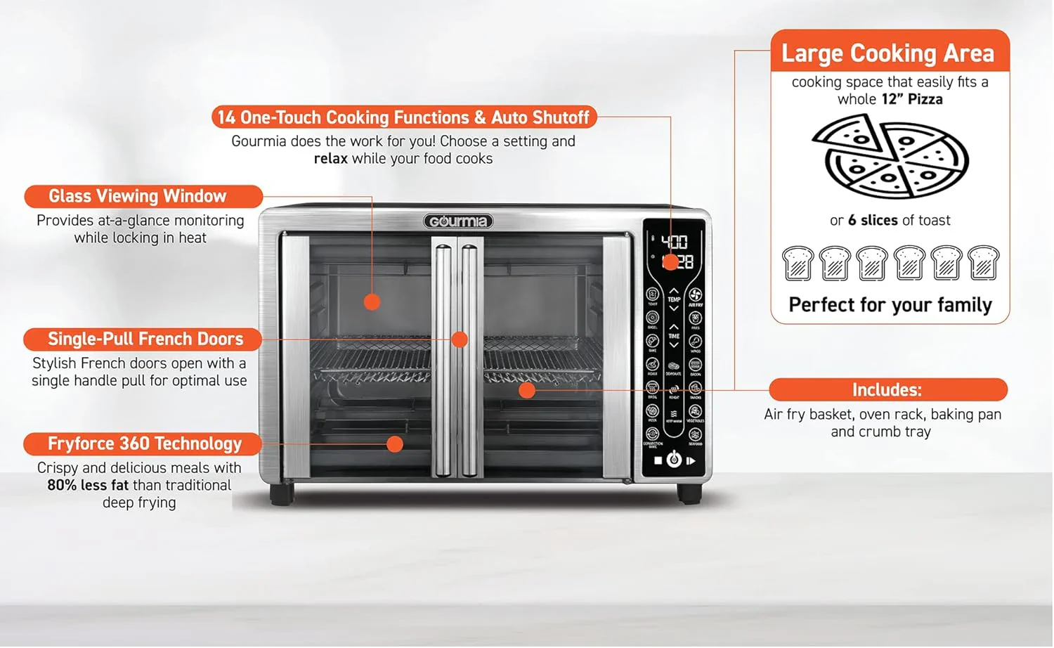 Gourmia Oven Air Fryer Combo with 17 Cooking Presets 24L Capacity Convection Rack