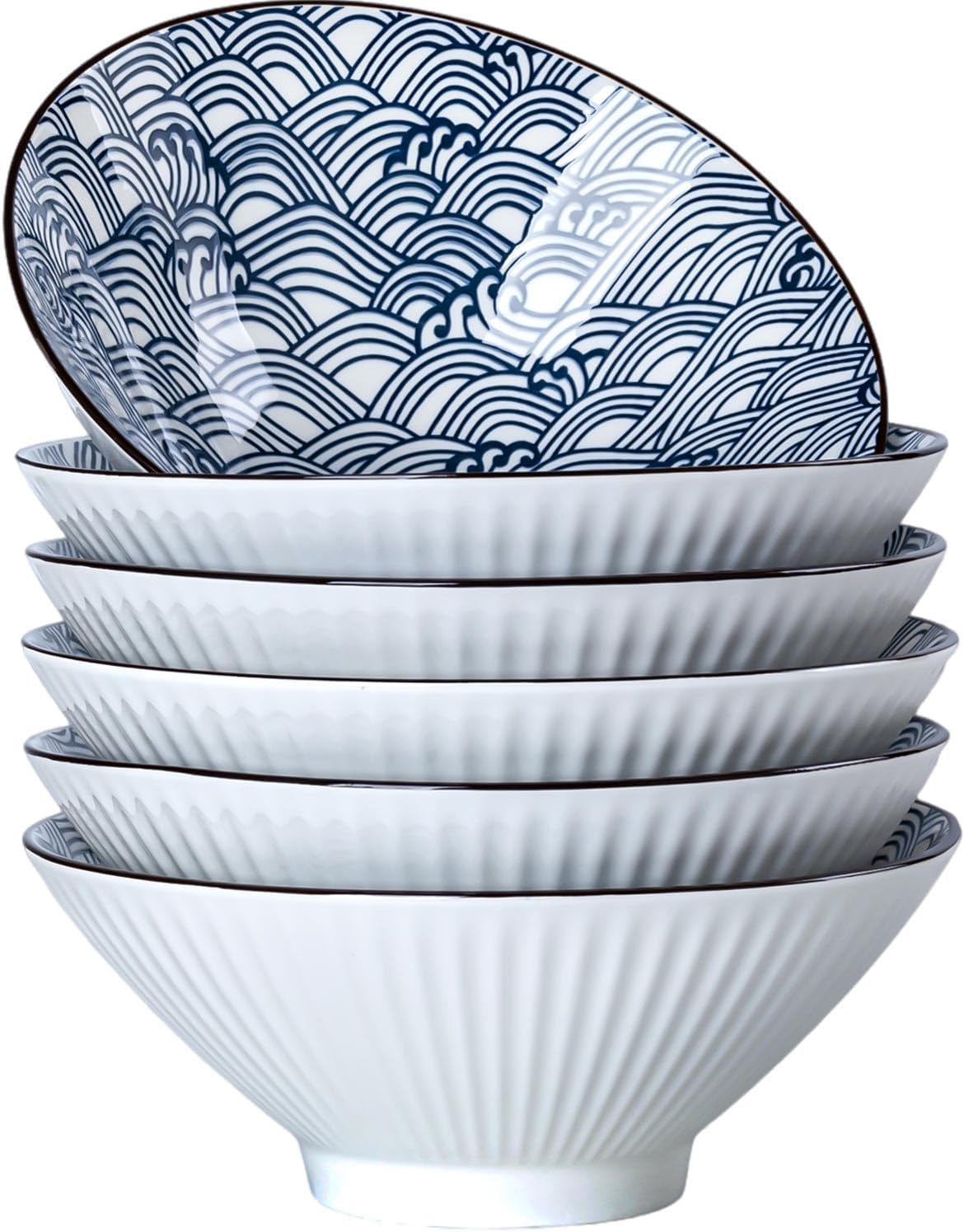 38 oz Japanese Ramen Bowl Set of 6 - Large 8 Inch Ceramic Soup Bowls, Blue and White Japanese Noodle Bowls for Pho, Ramen, and Salad - Mixing Patterns