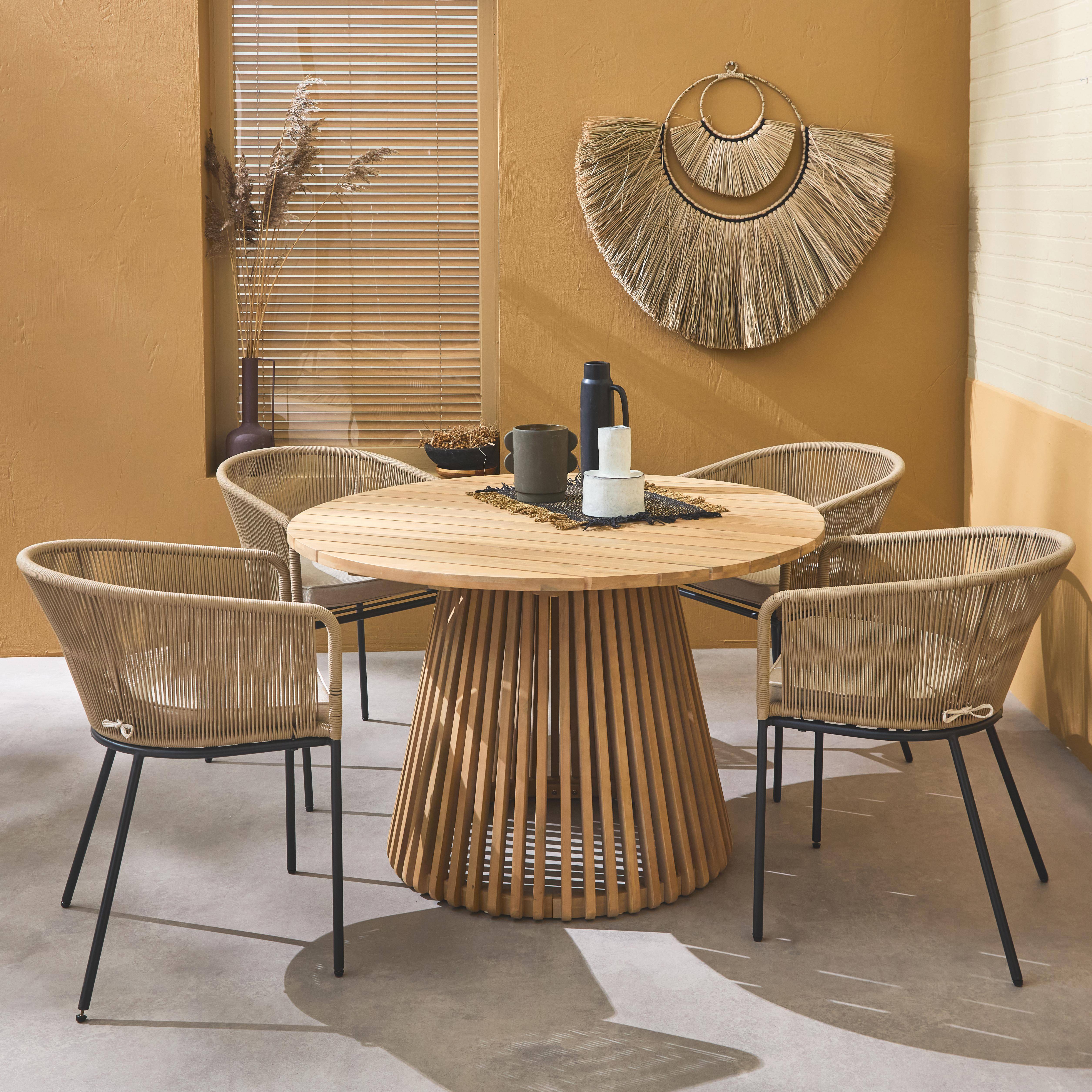 Oviedo + Santos - Mesa de comedor redonda de madera, interior/exterior + 4 sillones de cuerda y acero