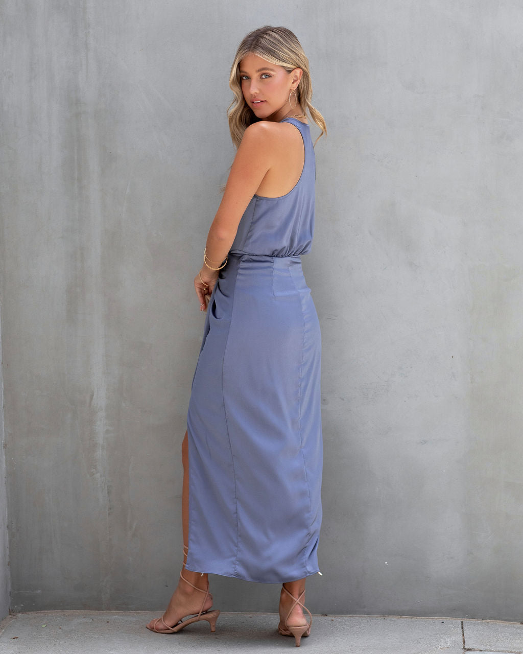 Take Me Away Satin Drape Midi Dress - Light Blue - FINAL SALE - Se7enfashion