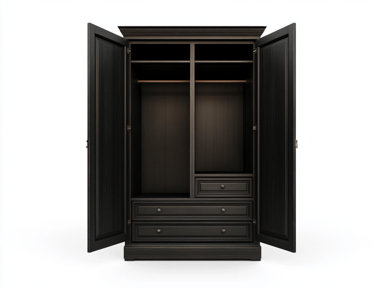 Armario de madera con 2 puertas – 120×60×200 cm – color negro nogal – con estantes, barra y cajones – estilo clásico para dormitorio