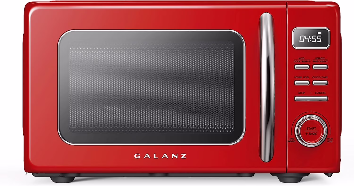 Galanz Retro Countertop Microwave Oven with Auto Cook & Reheat, Defrost, Quick Start Functions, Easy Clean with Glass Turntable, Pull Handle, .9 cu ft, Black