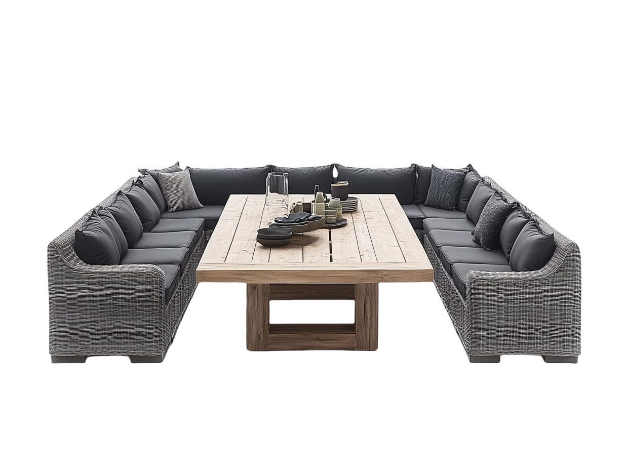 Sofá de esquina exterior de ratán gris con cojines negros y mesa de madera de 200x100cm gh3217903