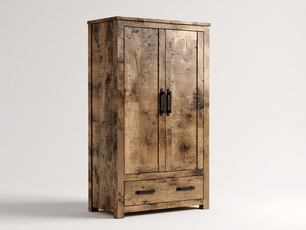 Armario de madera maciza rústica con 2 puertas y 1 cajón 90×55×190 cm – acabado envejecido – tiradores metálicos