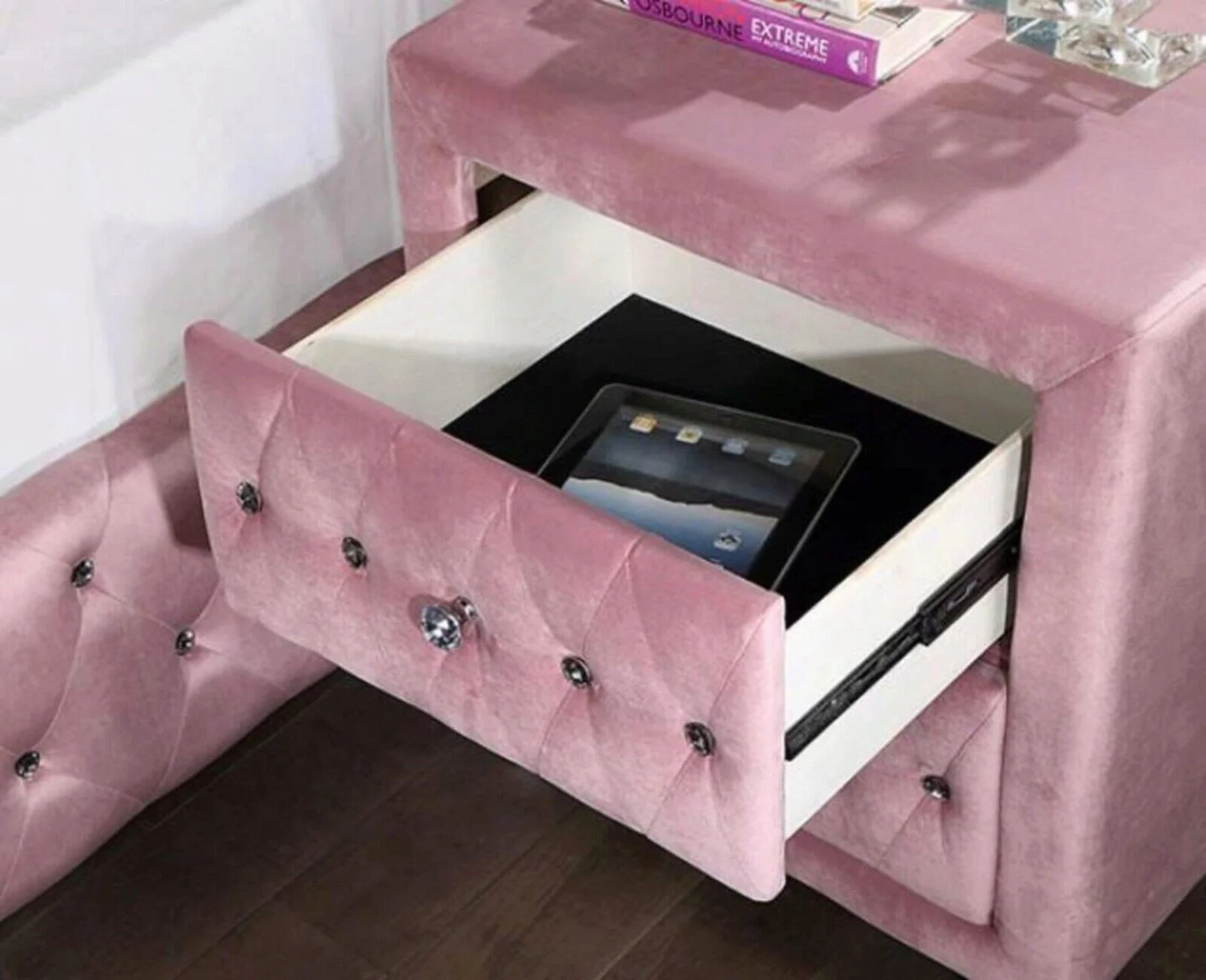 Glam Pink Upholstered Tufted Velvet Like Fabric 4pc Full Size Bed Set Dresser Mirror Nightstand Bedroom Furniture - Image 4