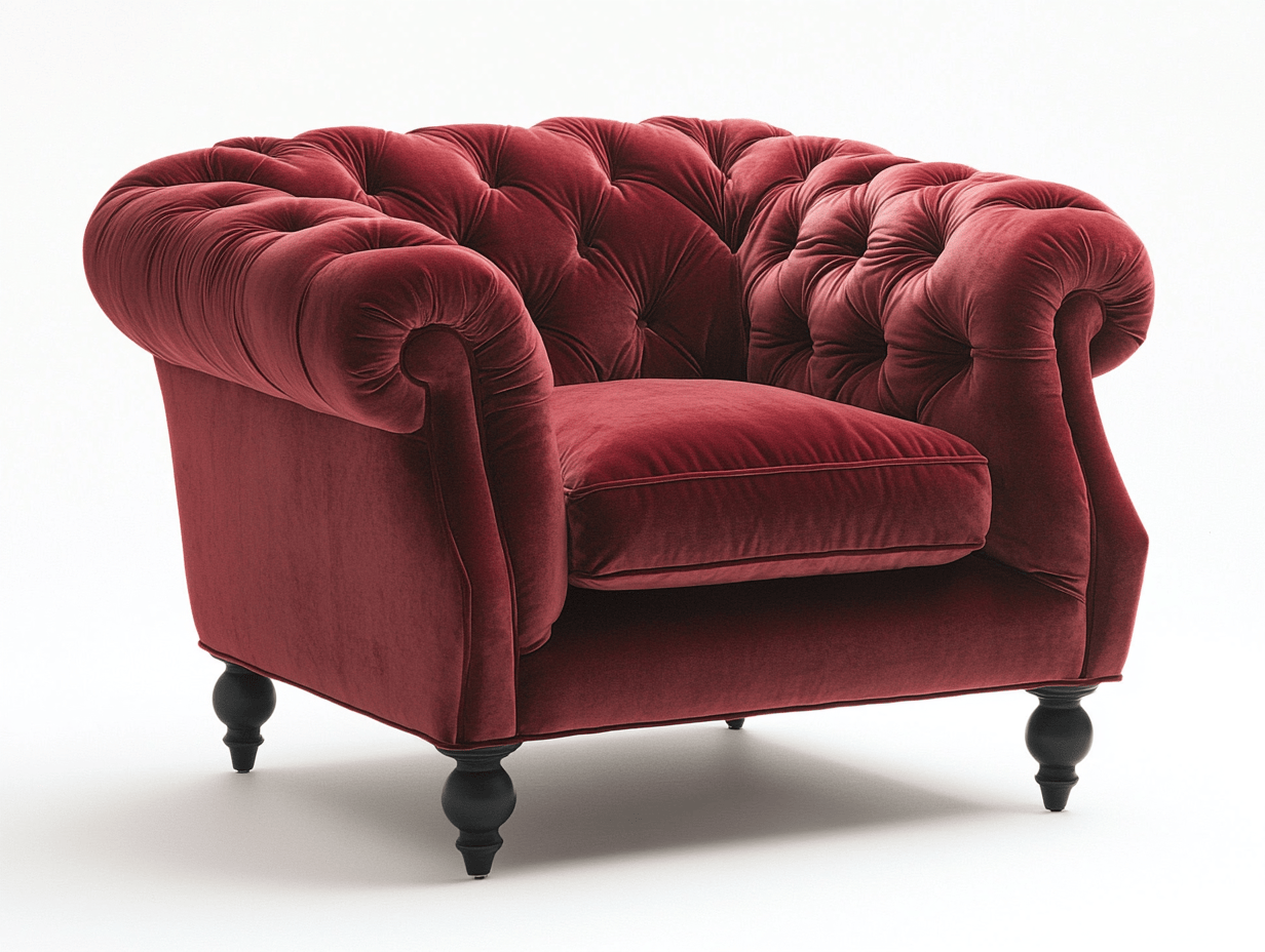 Sillón 105×90×80 cm – terciopelo burdeos con brazos enrollados y respaldo capitoné – estilo Chesterfield clásico con patas negras torneadas