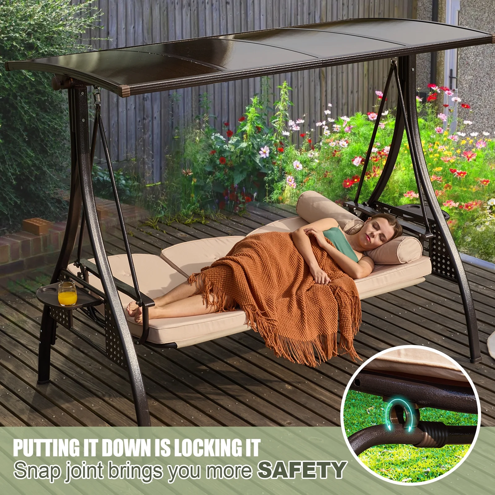 3-Seat Patio Porch Swing with Adjustable Hardtop,3 in 1 Convertible Outdoor Porch Swing for Adults,Patio Swing with Thicken Cushion,Pillows & Cup Holders for Porch,Backyard,Garden (Wine Red) - Image 5