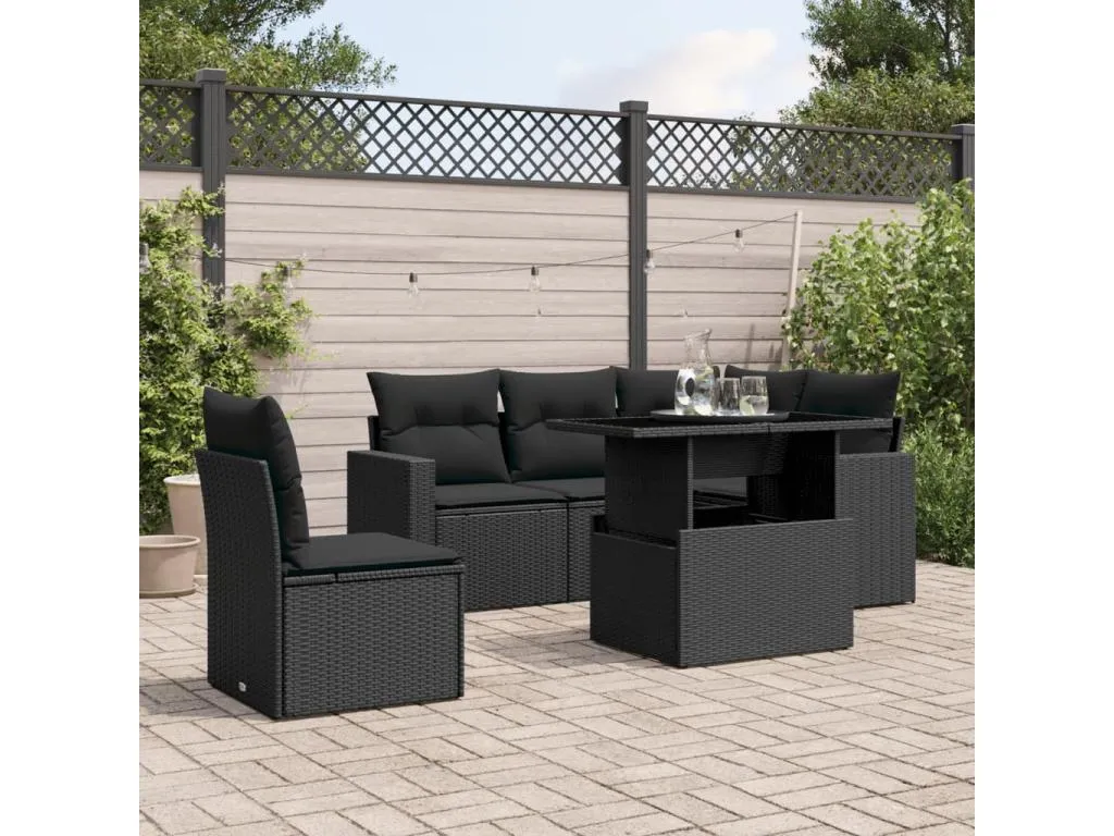 Set de sofás de jardín 6 piezas y cojines ratán sintético negro HEER86139