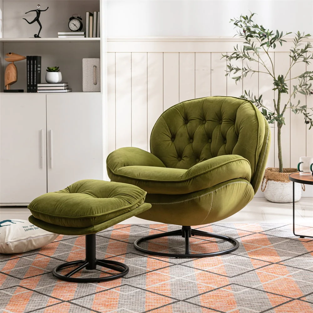 Velvet Swivel Accent Chair with Ottoman Set, Modern Lounge Chair with Footrest and Metal Base Comfy Armchair with 360 Degree Swiveling Single Sofa Chair Accent Chairs for Living Room, Green - Image 13