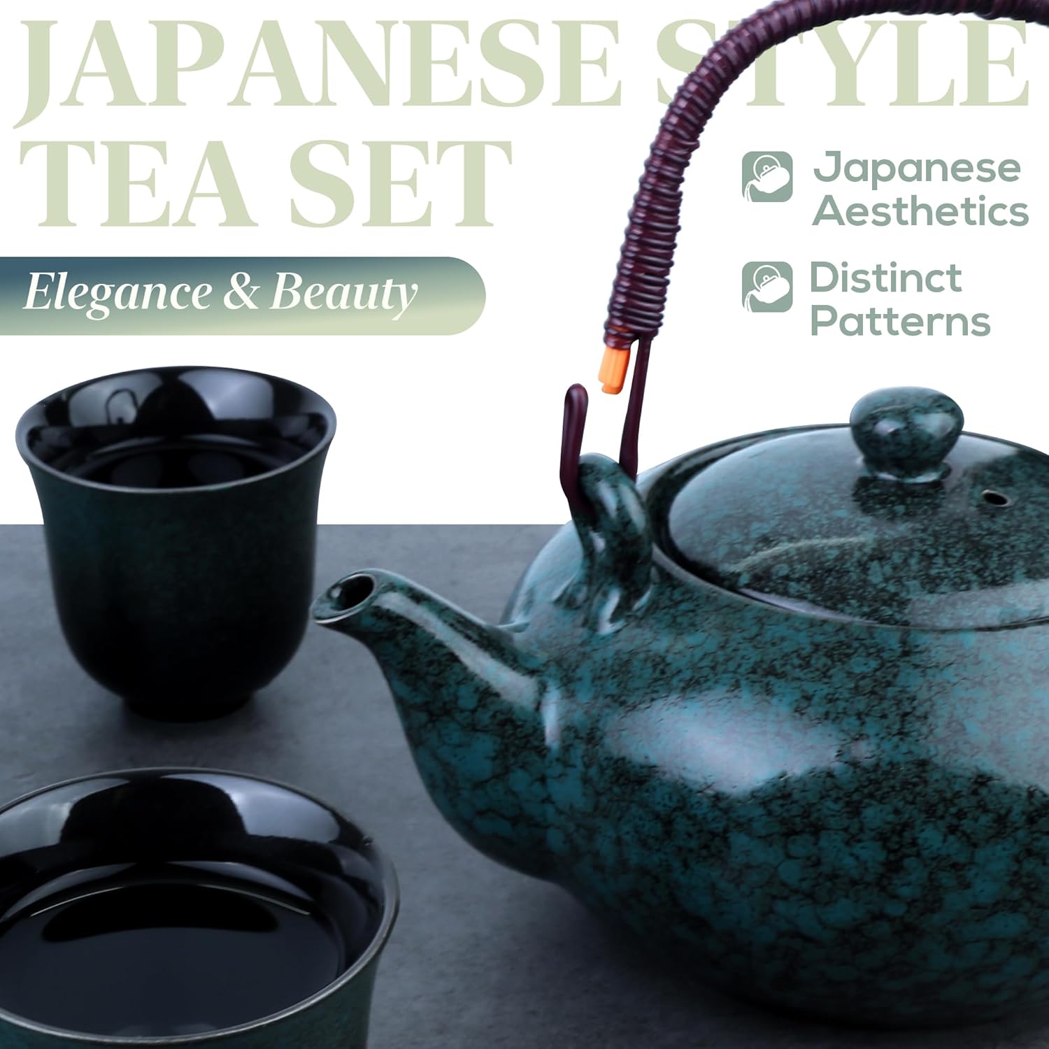 Japanese Tea Set, Japanese Style Porcelain Tea Sets for Adult, 1 Ceramic Tea Pot with Handle & 1 Stainless Steel Tea Filter & 6 Tea Cups (Fambe Blue)