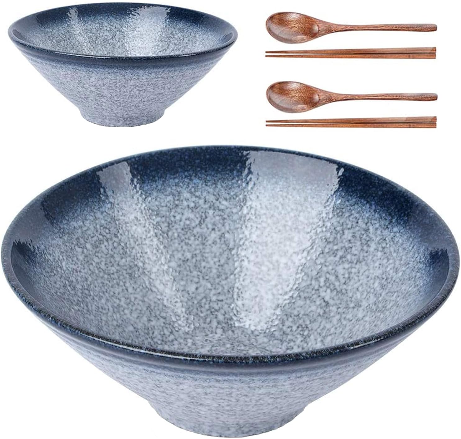 Lareina Ceramic Japanese Ramen Bowls, 2 Sets (6 Piece) 60 Ounce, Large Noodle Soup Bowl with Matching Chopsticks and Spoons for Asian Pho Udon Soba, Matting Black
