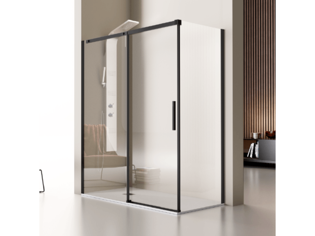 Frontal de ducha + Puerta Corredera LUNA Negro 160 cm Lateral Fijo : 76.5 - 79 cm