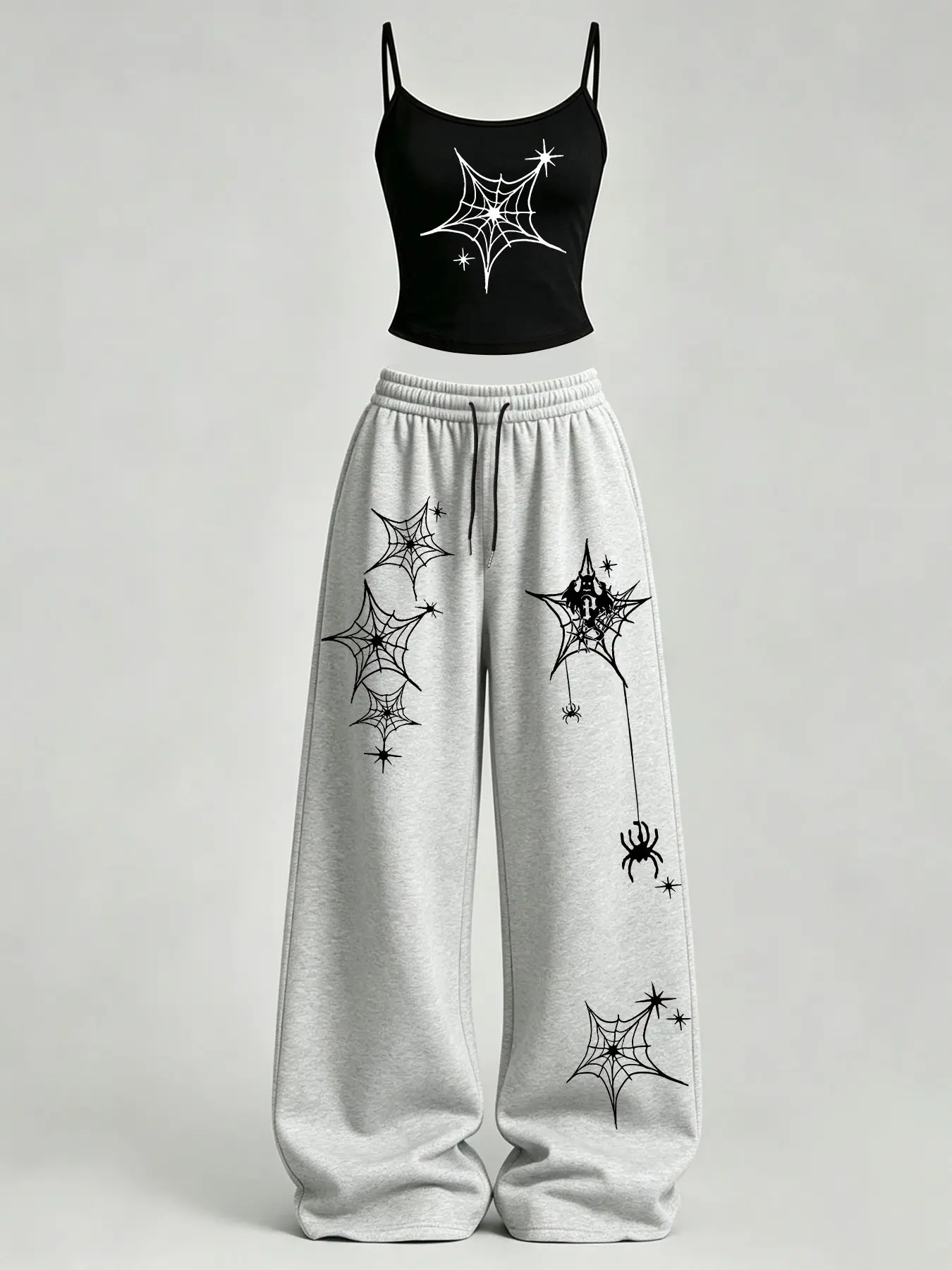Women's Casual Spider Web Print Slim Fit Tank Top + Loose Baggy Pants Set TeeThreads Sustain the Scene with Custom Apparel