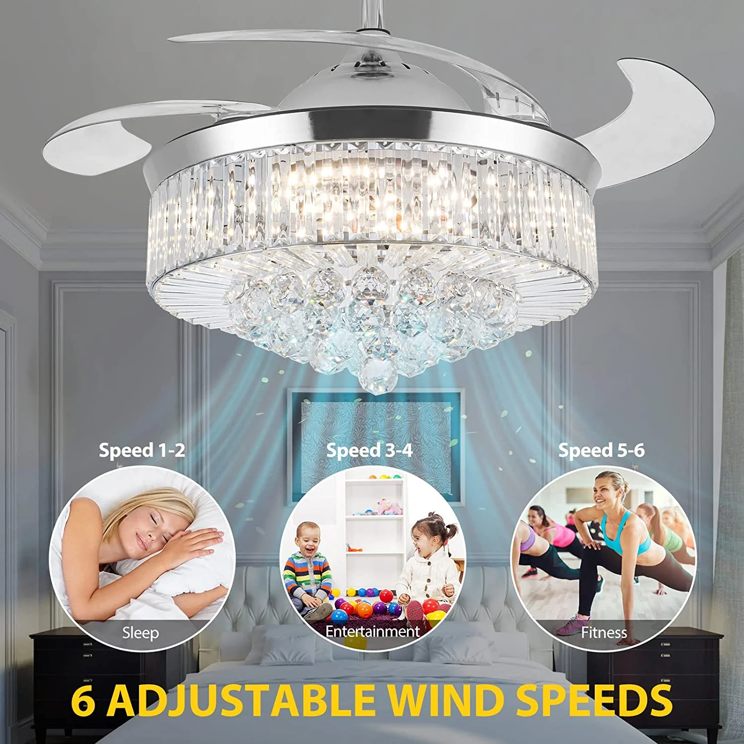 Datingday 42 Inch Crystal Ceiling Fan Golden Crystal Ceiling Fan Chandelier with Remote 6 Speeds 3 Colors Changes Lighting Fixture, 4 Blades Retractable Fans for Bedroom Living Room Dining Room - Image 14