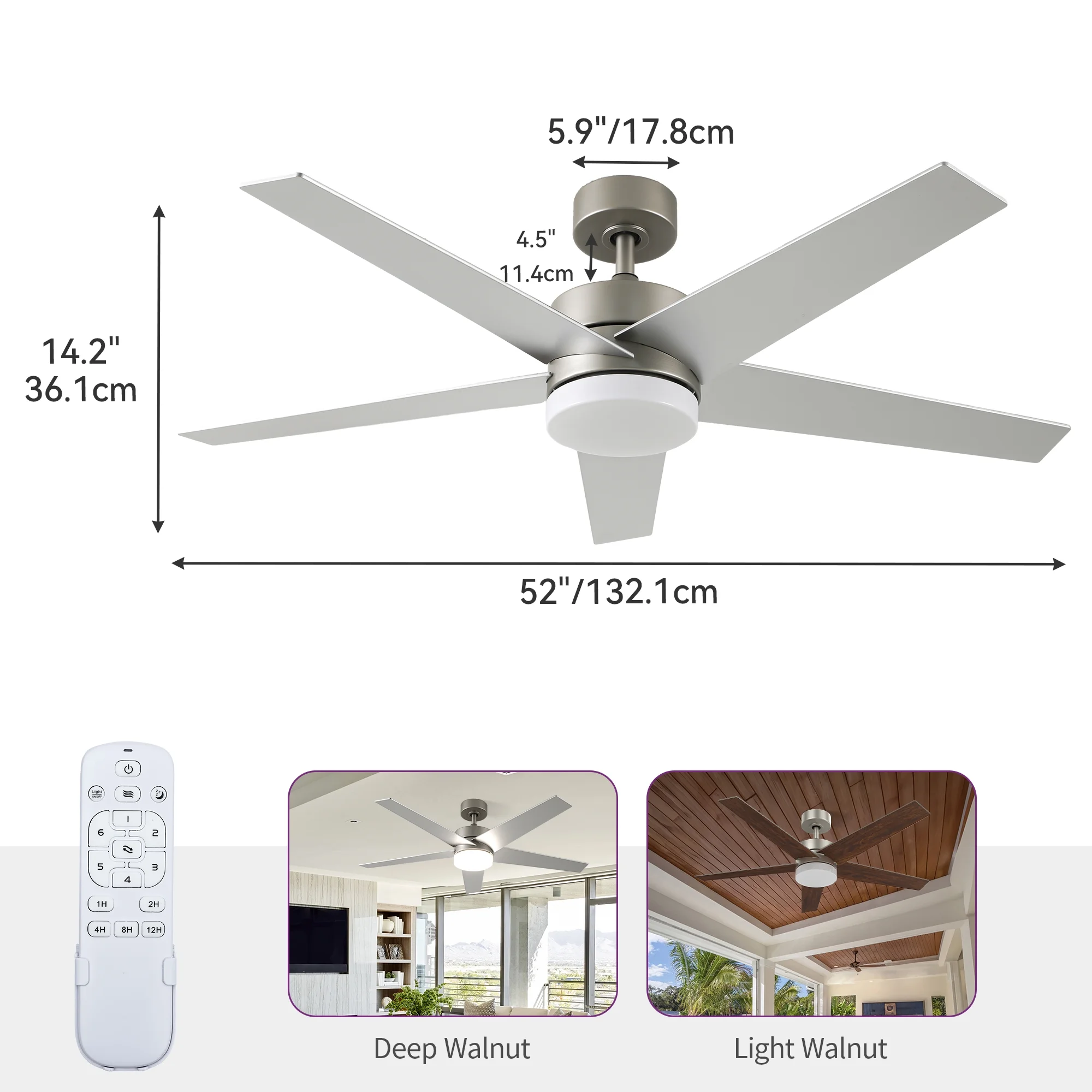 Uforic 52" Modern Ceiling Fan with Lights and Remote Control, 5-Blade Ceiling Fan with Dimmable Tri-Color Light, Quiet and Reversible 6-Speed DC Motor, Perfect for Bedroom, Living Room - Silver - Image 2