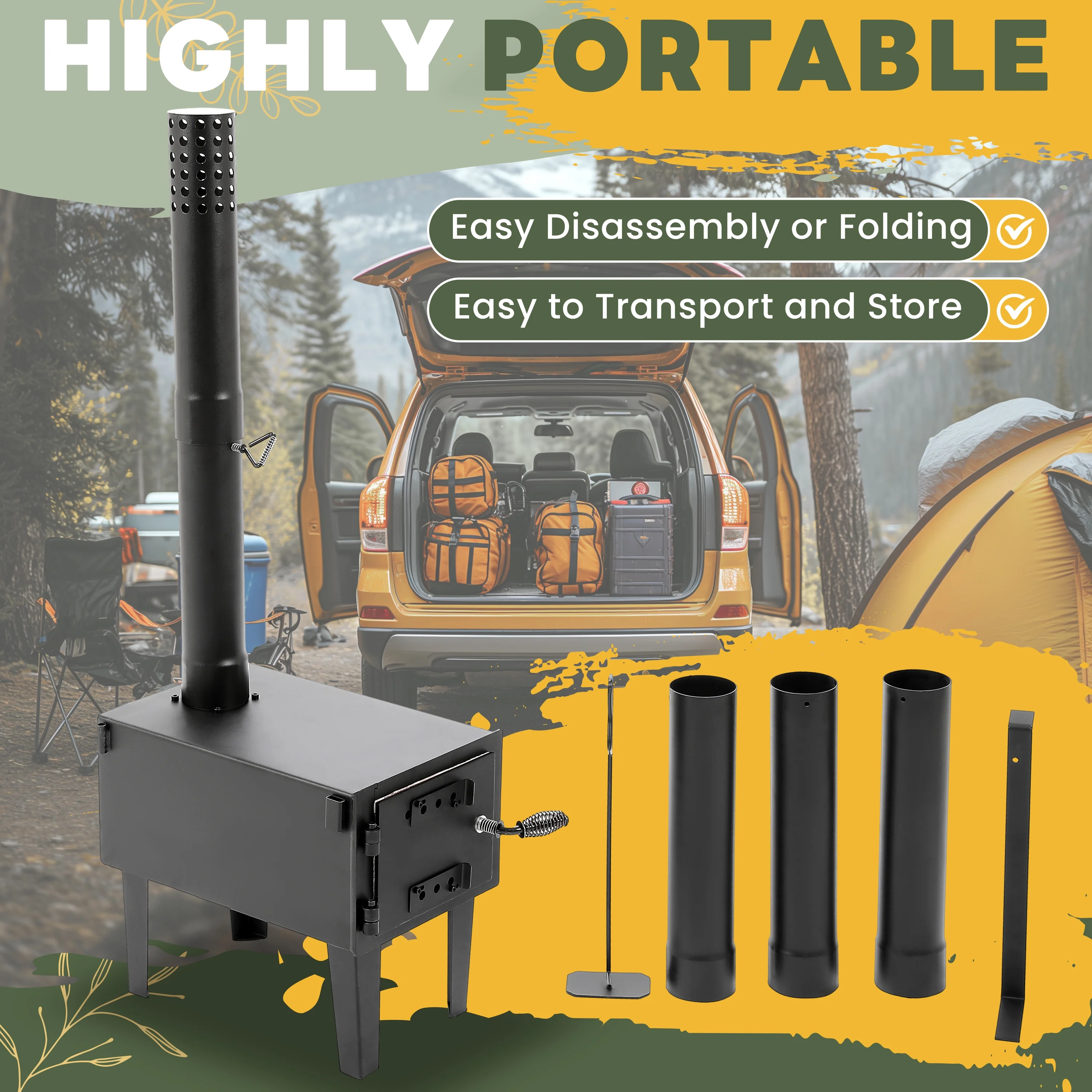 Kojem Wood Burning Stove Tent Camping Stove for Outdoor Cooking Fishing Hiking Travel Portable Heater W/Storable Chimney Pipes - Image 6