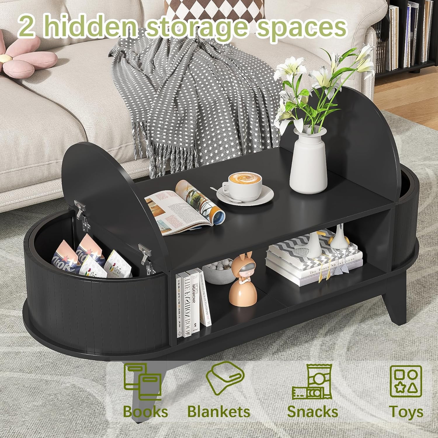 Fluted Coffee Table with Storage, Modern Coffee Tables, Wood Accent Center Table - Image 11
