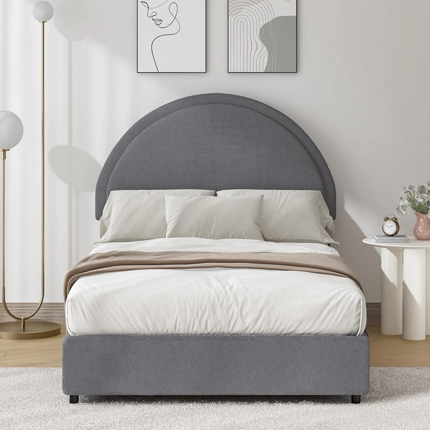 4 EVER WINNER Queen Size Bed Frame, Boucle Upholstered Bed Frame with Headboard, White Queen Bed Frame, White